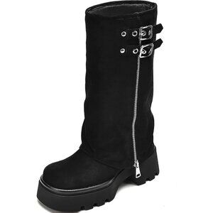 Women's All Black Chunky Slouchy Fold Over Wide Calf Buckle Knee High Boots
